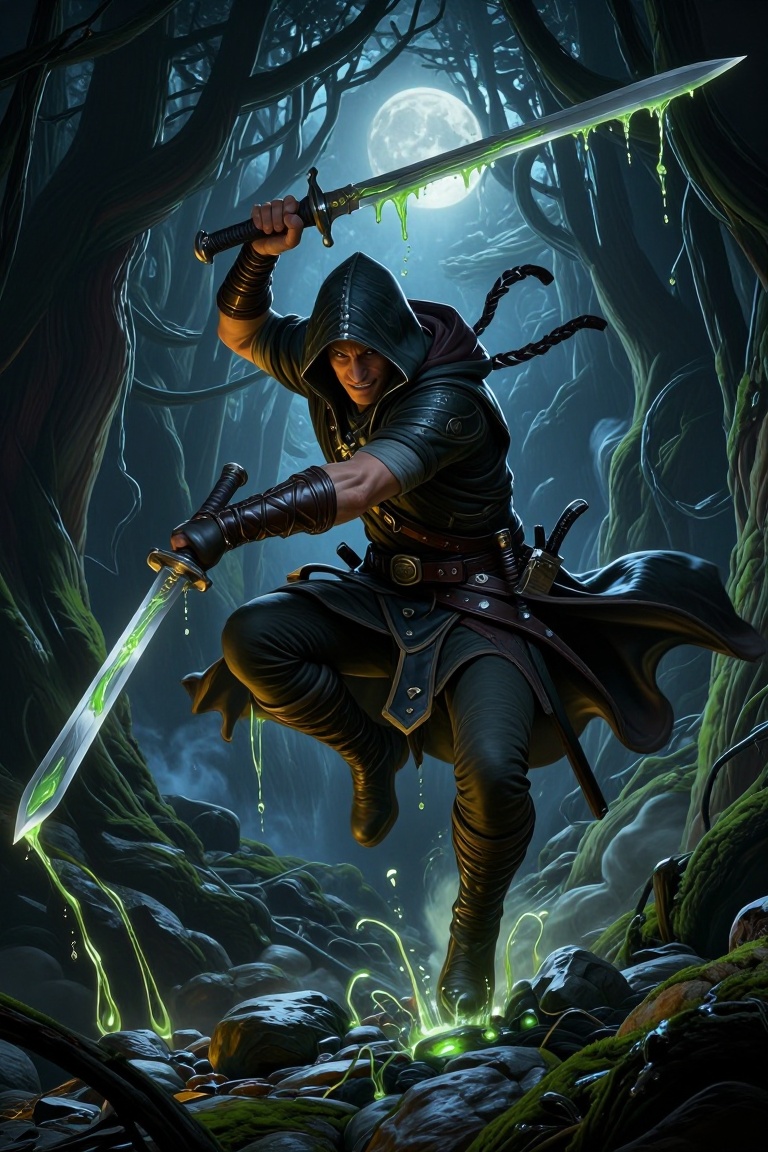 A halfling rogue in the style of Dungeons and Dragons,  depicted in a dynamic pose,  mid-leap from a moss-covered stone wa...
