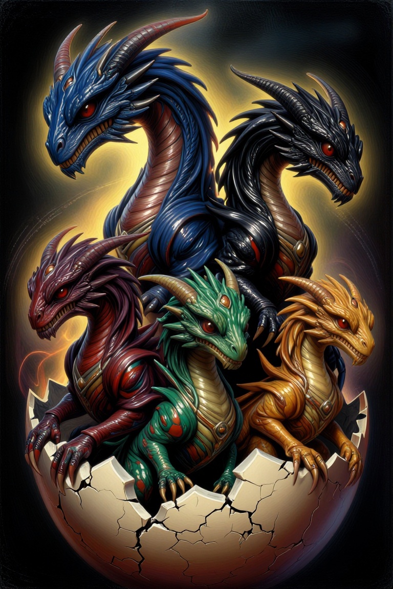 The image depicts a group of four dragons emerging from a cracked egg. The dragons are of different colors and sizes,  eac...