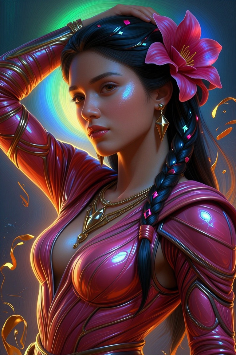 The image depicts a person adorned in a shimmering,  pink garment that appears to be made of a metallic or iridescent mate...
