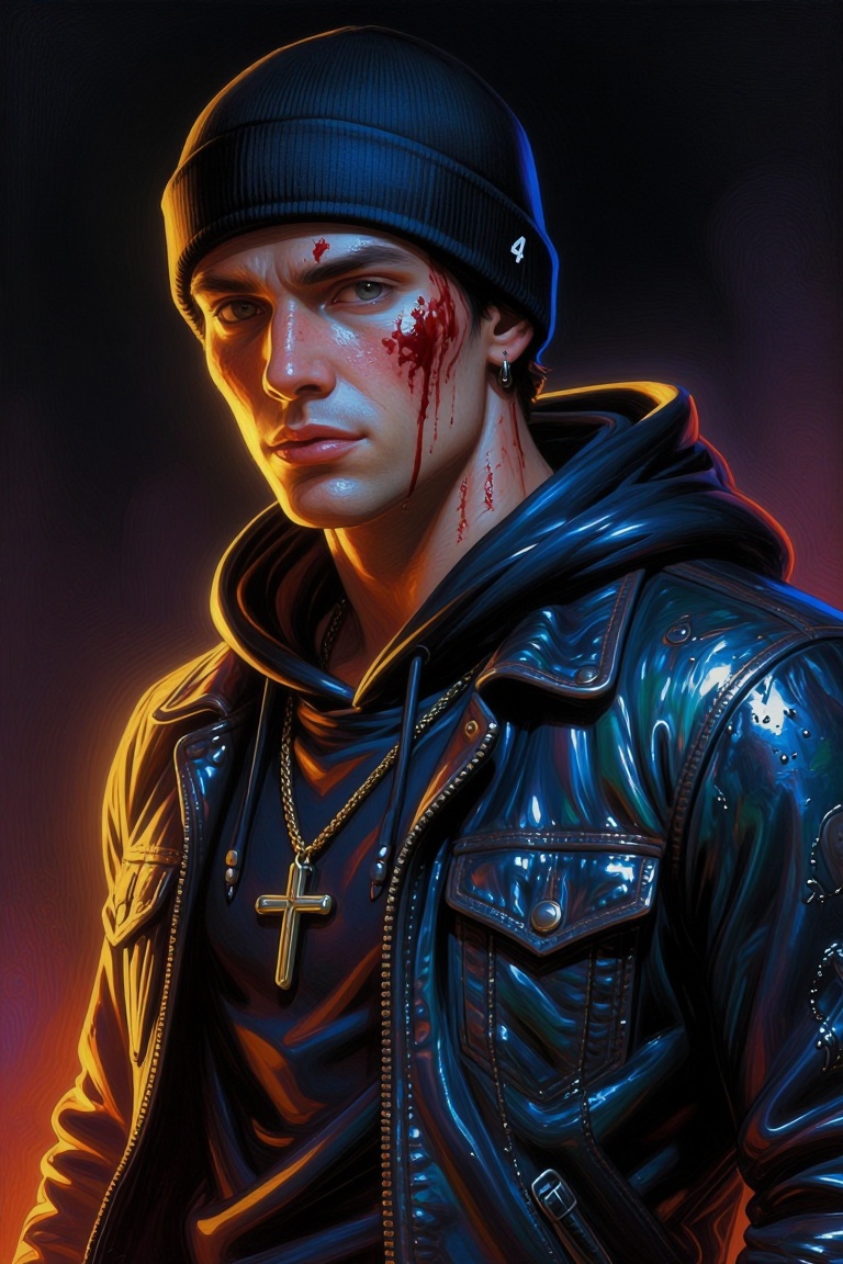 The image depicts a person wearing a black beanie with a small white number "4" on the side. The individual has a dark,  r...
