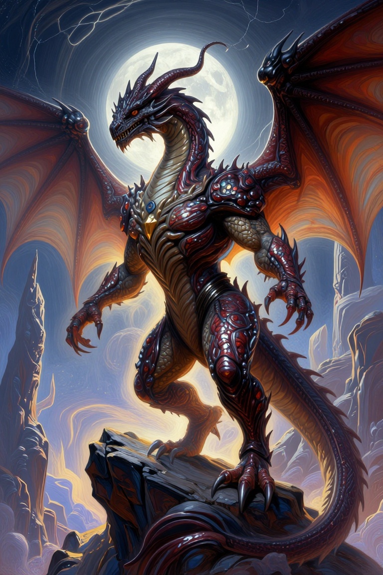 The image depicts a large,  fantastical dragon standing on a rocky outcrop under a full moon. The dragon has intricate,  s...