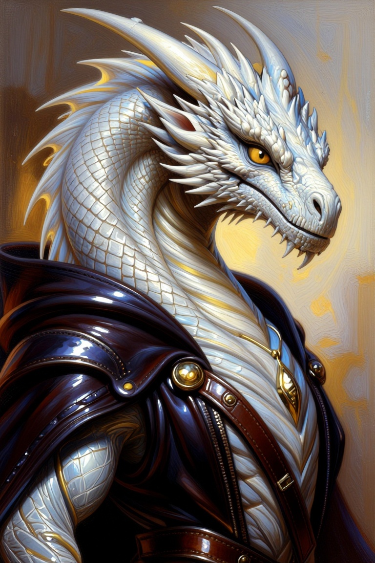 The image depicts a highly detailed and realistic illustration of a white dragon with intricate scales and sharp,  spiky f...