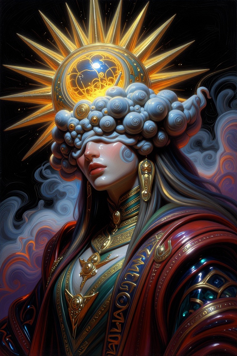 The image depicts a highly stylized and ethereal figure adorned in luxurious,  celestial-themed attire. The figure's head...
