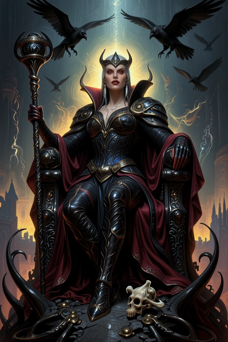 A menacing queen with a cruel expression,  adorned in dark,  ornate armor etched with draconic symbols on Tensor.Art