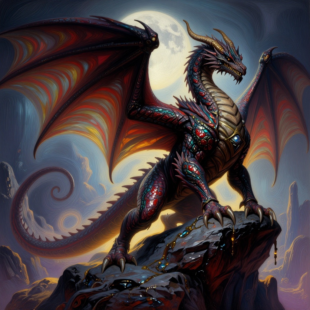 The image depicts a large,  fantastical dragon standing on a rocky outcrop under a full moon. The dragon has intricate,  s...