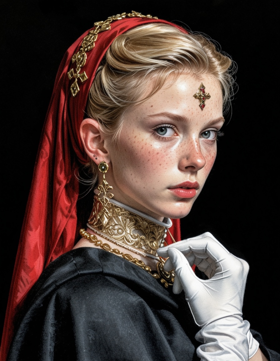 ehpencil4,  The image is a portrait of a woman wearing a black cloak and a gold headpiece. The woman has blonde hair style...