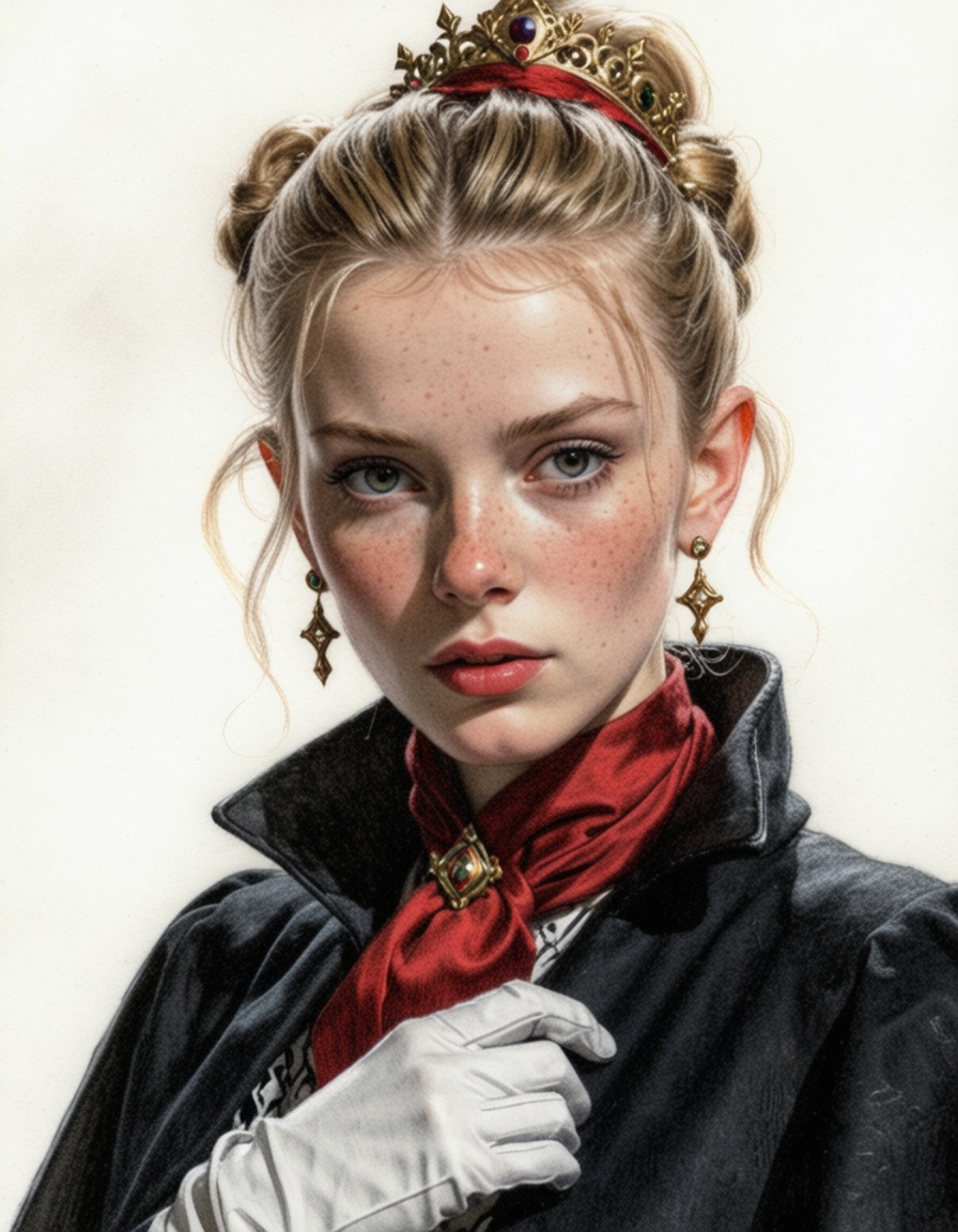 ehpencil4,  The image is a portrait of a woman wearing a black cloak and a gold headpiece. The woman has blonde hair style...