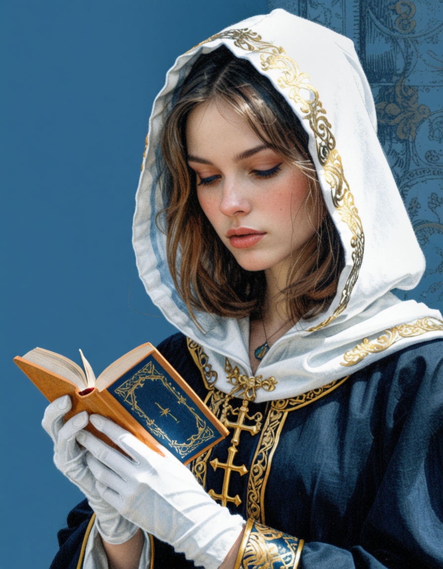 ehpencil4,  The image is a digital illustration of a woman holding a book in her hands. The woman is wearing a white hoode...