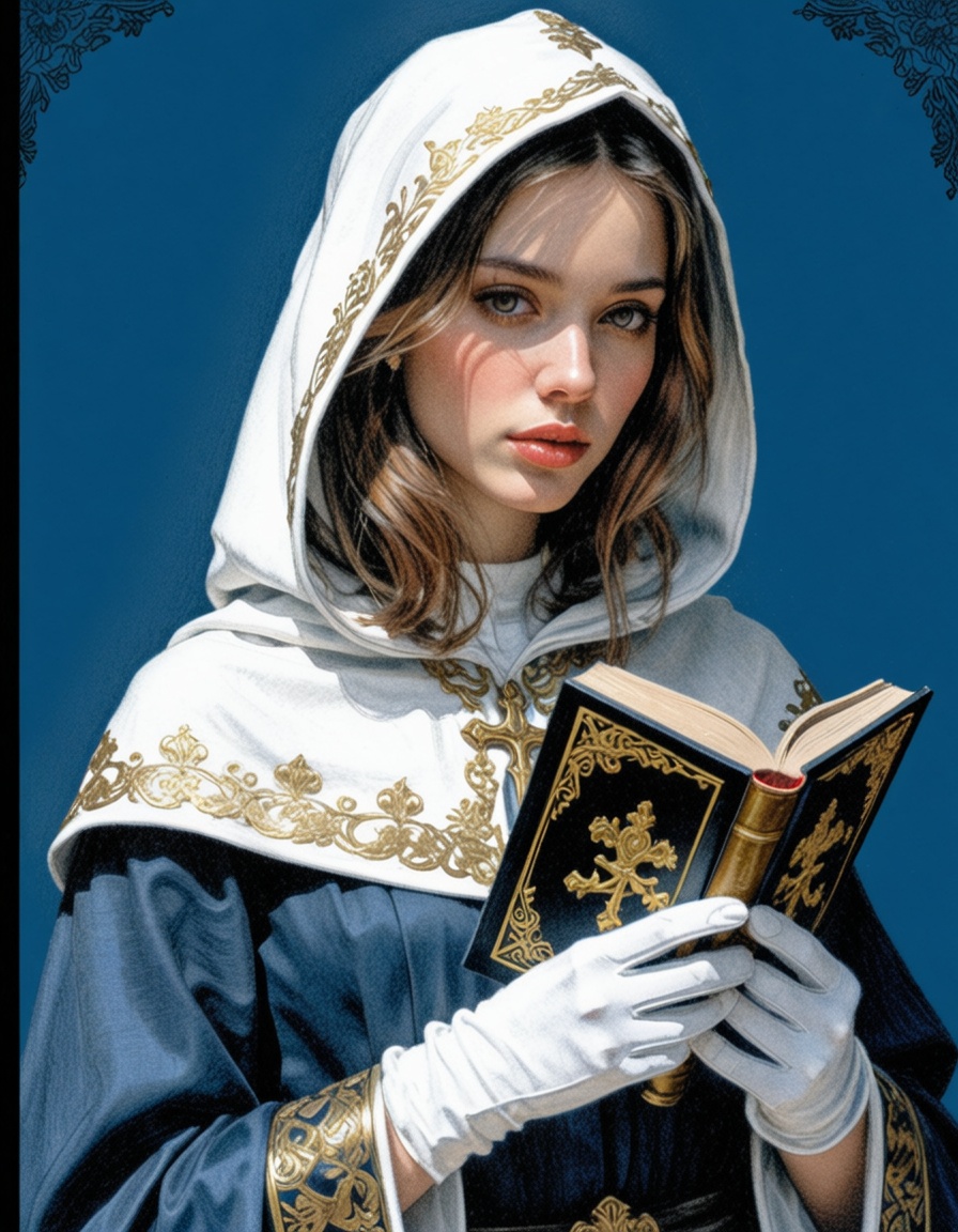 ehpencil4,  The image is a digital illustration of a woman holding a book in her hands. The woman is wearing a white hoode...