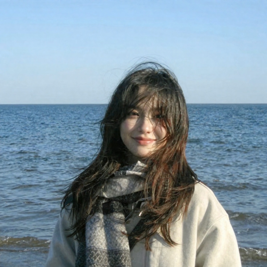 retrodigicam,  A candid digicam-style photo of a young woman standing by the seaside,  framed from the upper body on Tenso...