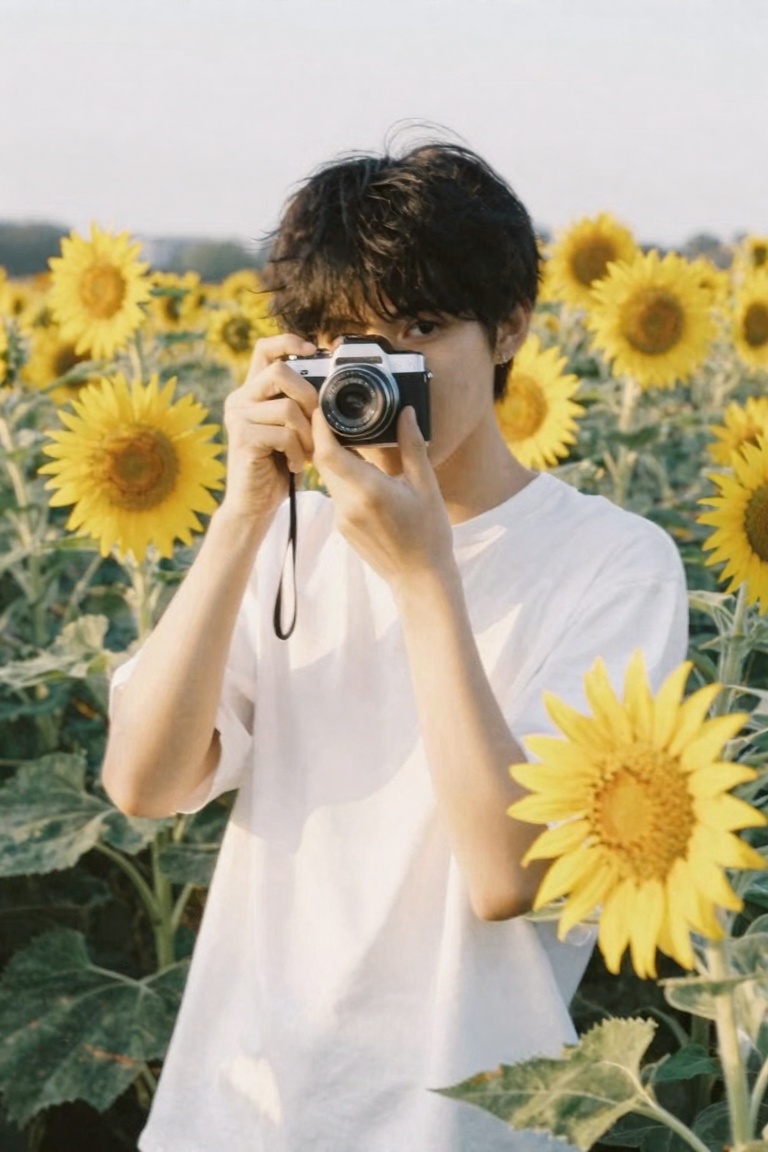 retrodigicam,  A candid photo of a teenage boy with black hair standing in a sunflower field under warm summer light. He i...