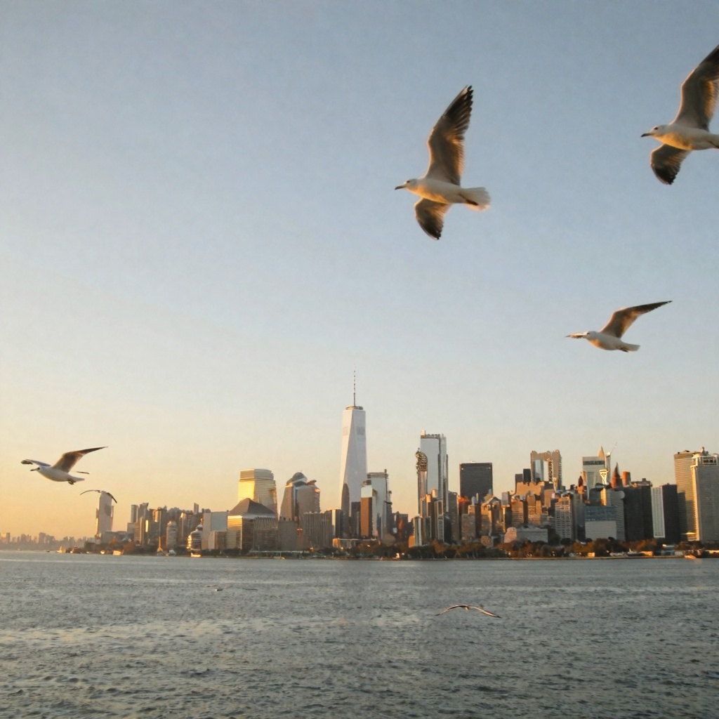 retrodigicam,  A digicam-style photo of the New York City skyline viewed from a boat in the middle of the sea,  with the c...