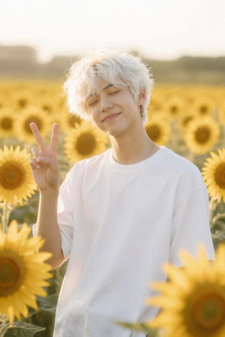 retrodigicam,  A candid photo of a teenage boy with white hair standing in the same sunflower field,  framed from the uppe...