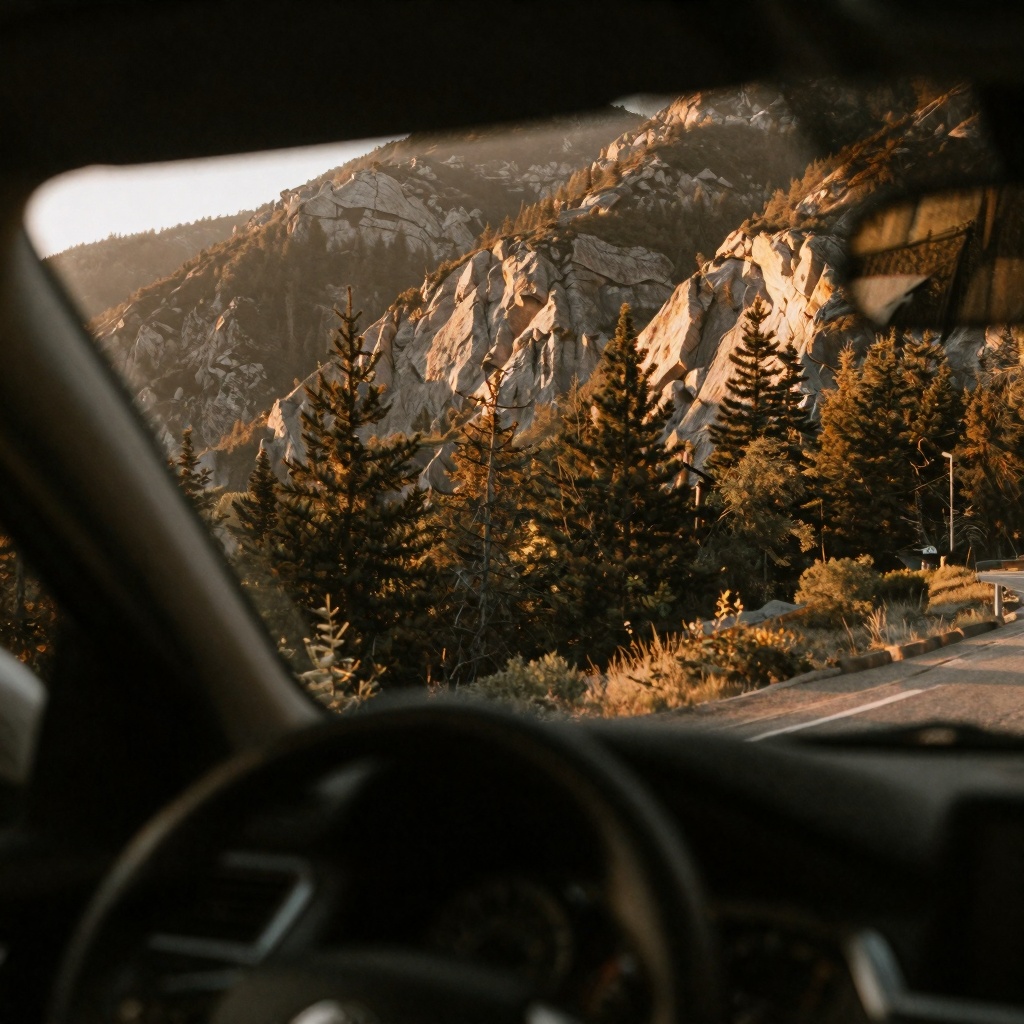 retrodigicam,  A cinematic snapshot taken from inside a car,  looking out through the windshield toward sunlit mountains a...
