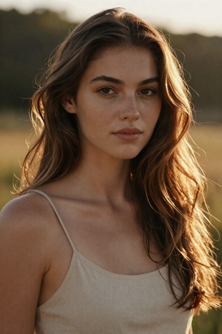 elara_voss,  outdoor golden-hour portrait,  long brunette hair glowing in warm sunlight on Tensor.Art