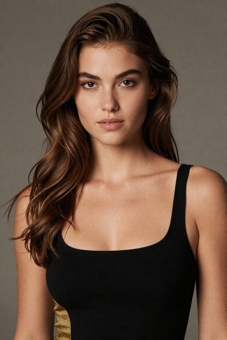 elara_voss,  premium fashion editorial portrait,  long brunette brown hair styled neatly on Tensor.Art