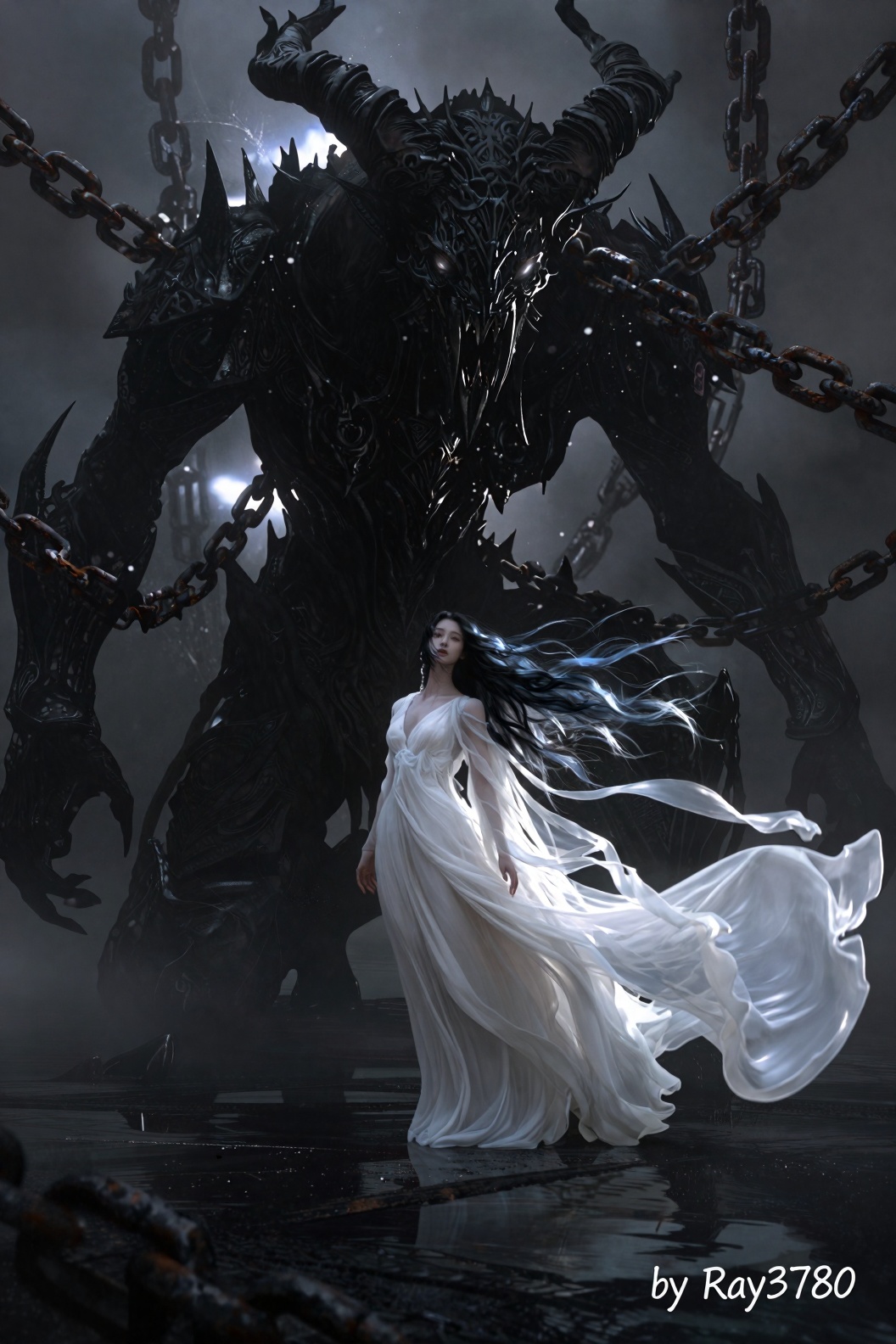 绘画niji暗黑奇幻史诗风格,  巨型黑色恶魔与白衣女子的反差场景：巨型暗黑恶魔跪在地上（通体呈哑光黑与金属光泽交织的质感,  头生螺旋巨角 on Tensor.Art