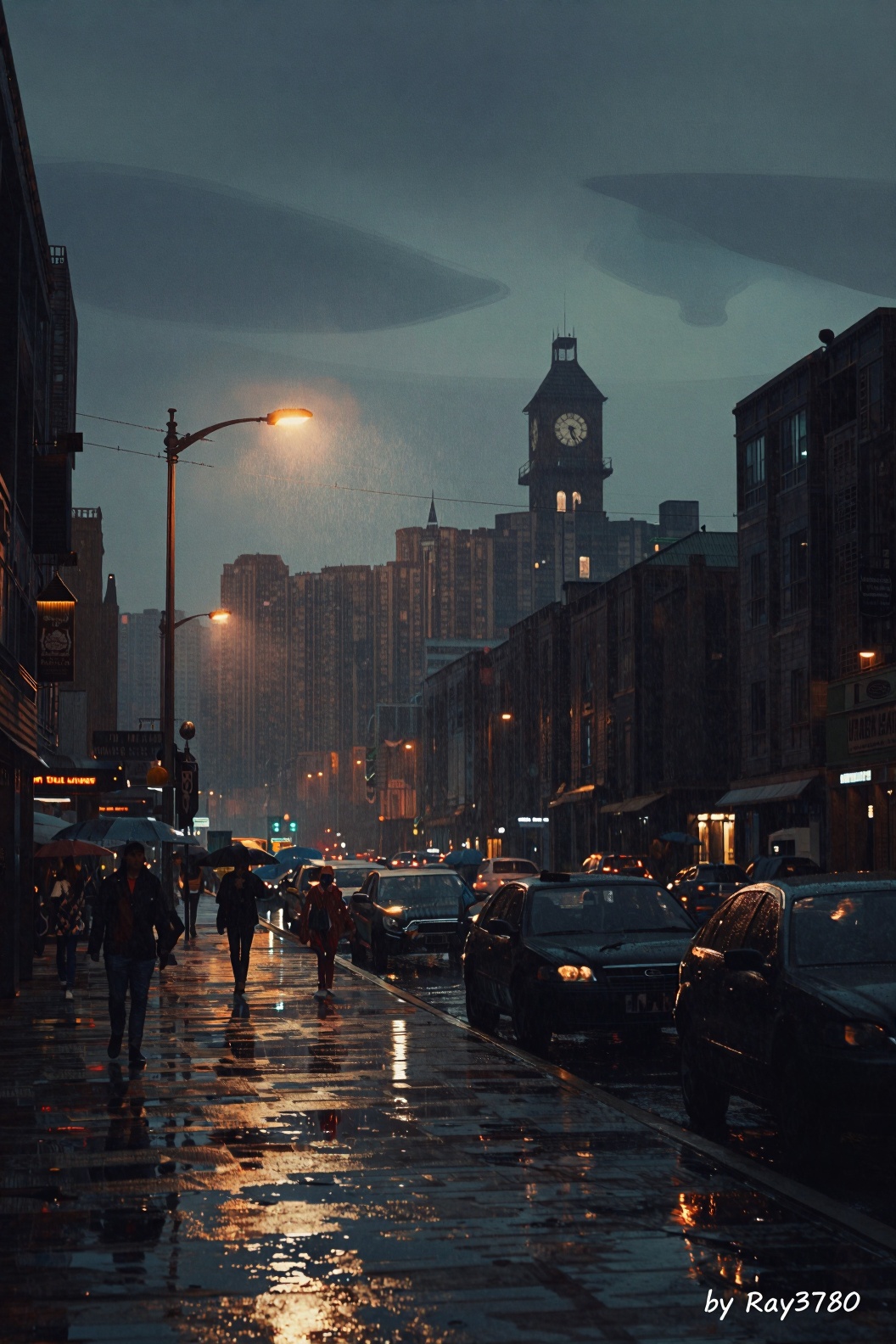 The image depicts a rainy urban scene at night. The foreground shows a wet street reflecting the lights from the street la...