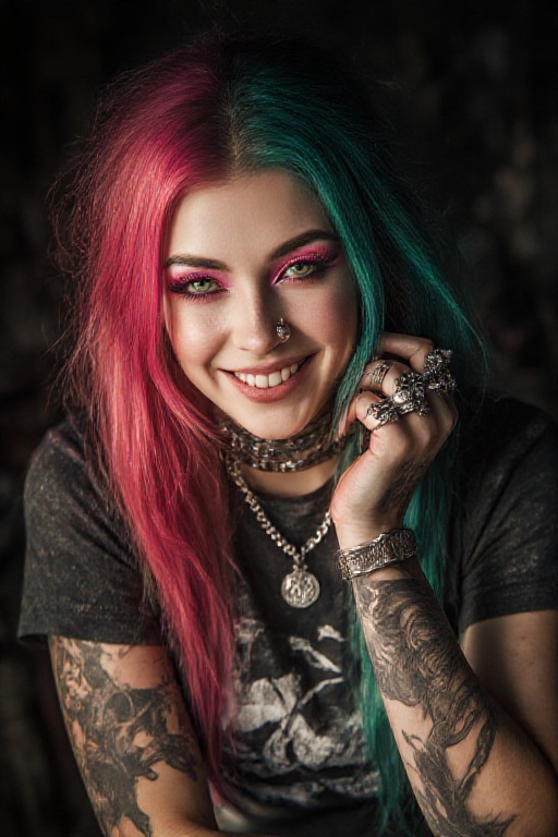 A high-quality digital portrait of a smiling young woman with a punk-rock aesthetic. She has extra long,  voluminous strai...