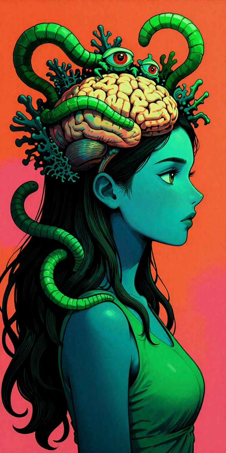 a digital drawing with a surreal,  fantastical style. It depicts a side profile view of a woman with long,  flowing dark h...
