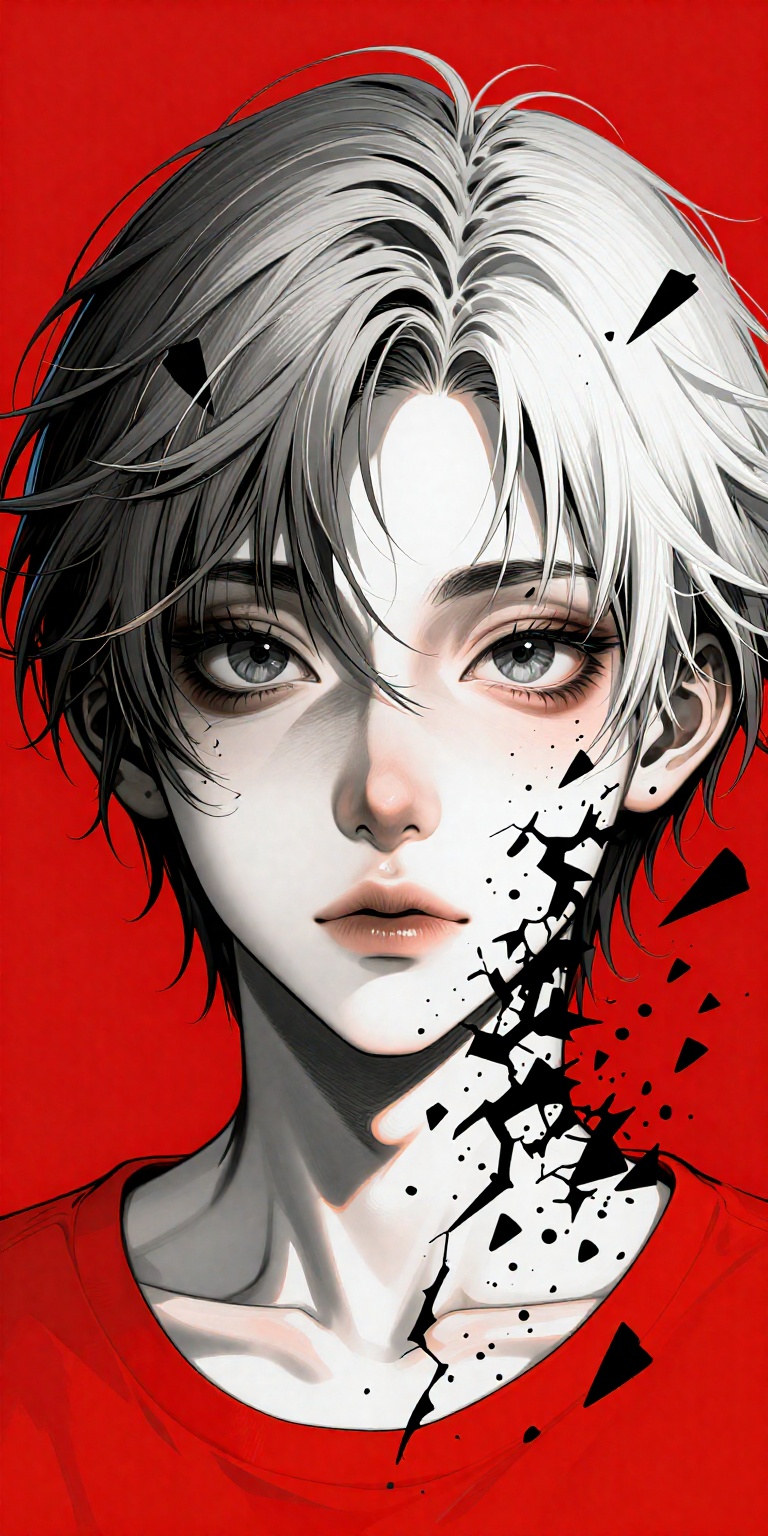 a highly stylized digital artwork featuring a composite face composed of multiple layers,  set against a bold red backgrou...
