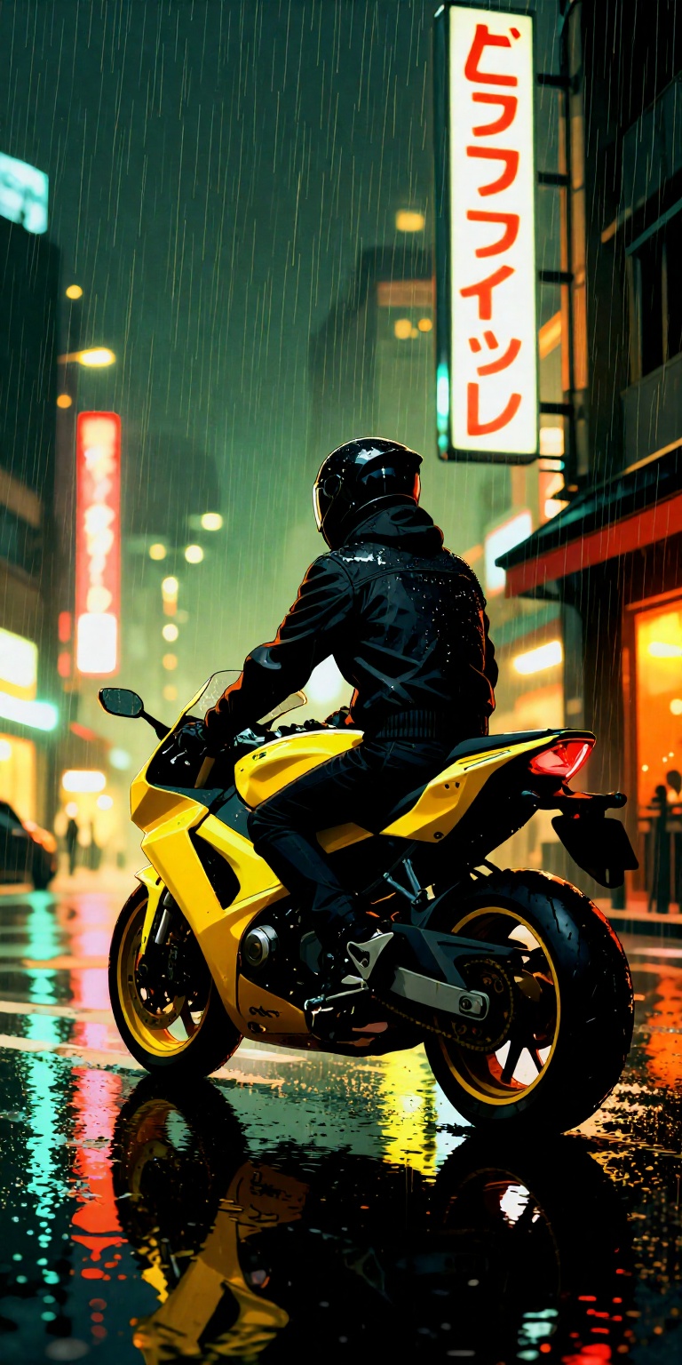 a highly stylized,  manga-inspired art style. It features a lone motorcycle rider viewed from behind,  positioned on a wet...