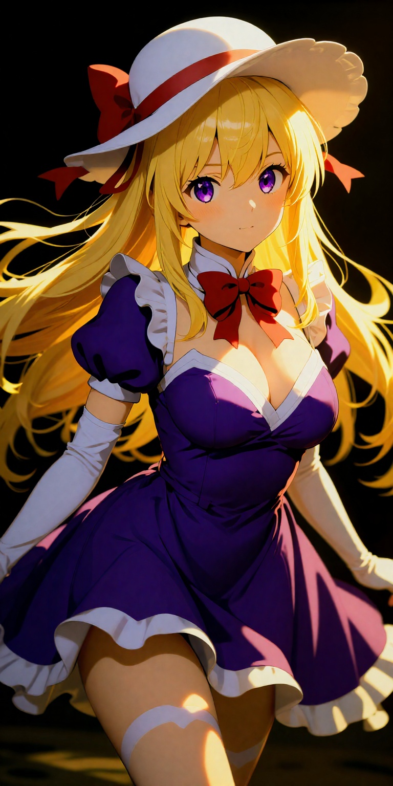 cleavage,  white headwear,  purple dress on Tensor.Art