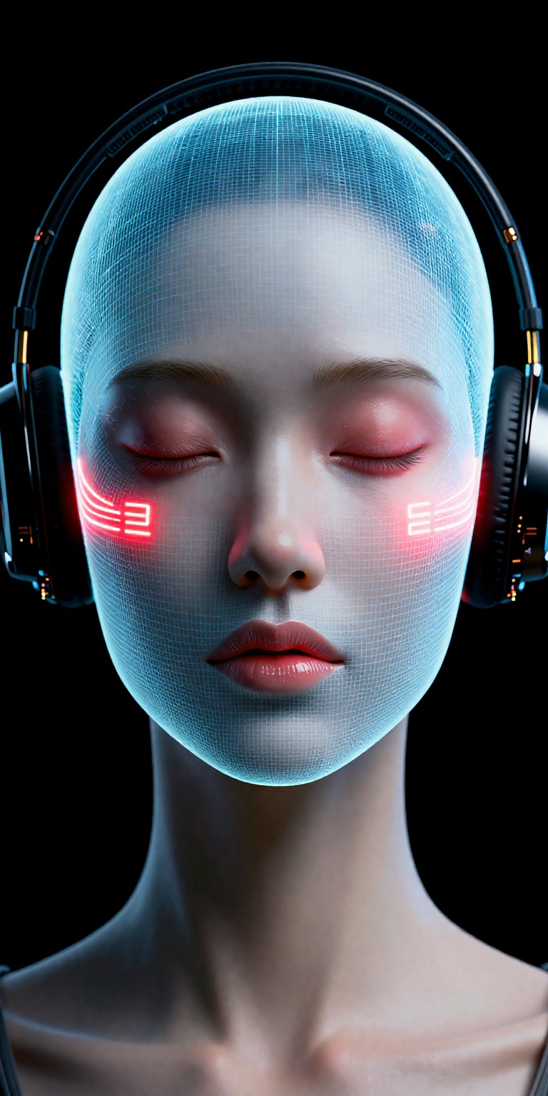 a hyper-realistic digital artwork featuring a stylized depiction of a human face. The subject is a person with a pale,  sm...