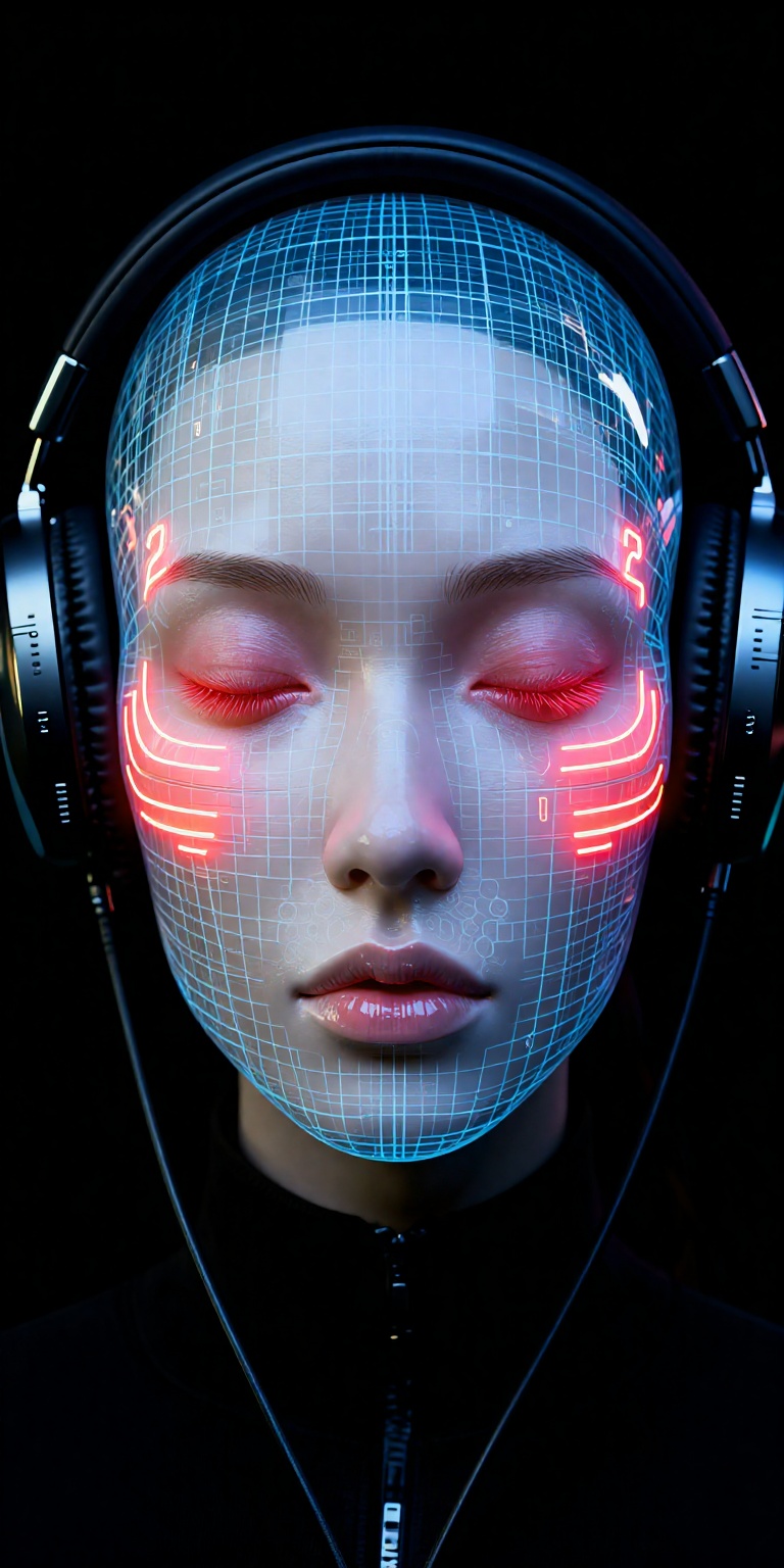a hyper-realistic digital artwork featuring a stylized depiction of a human face. The subject is a person with a pale,  sm...