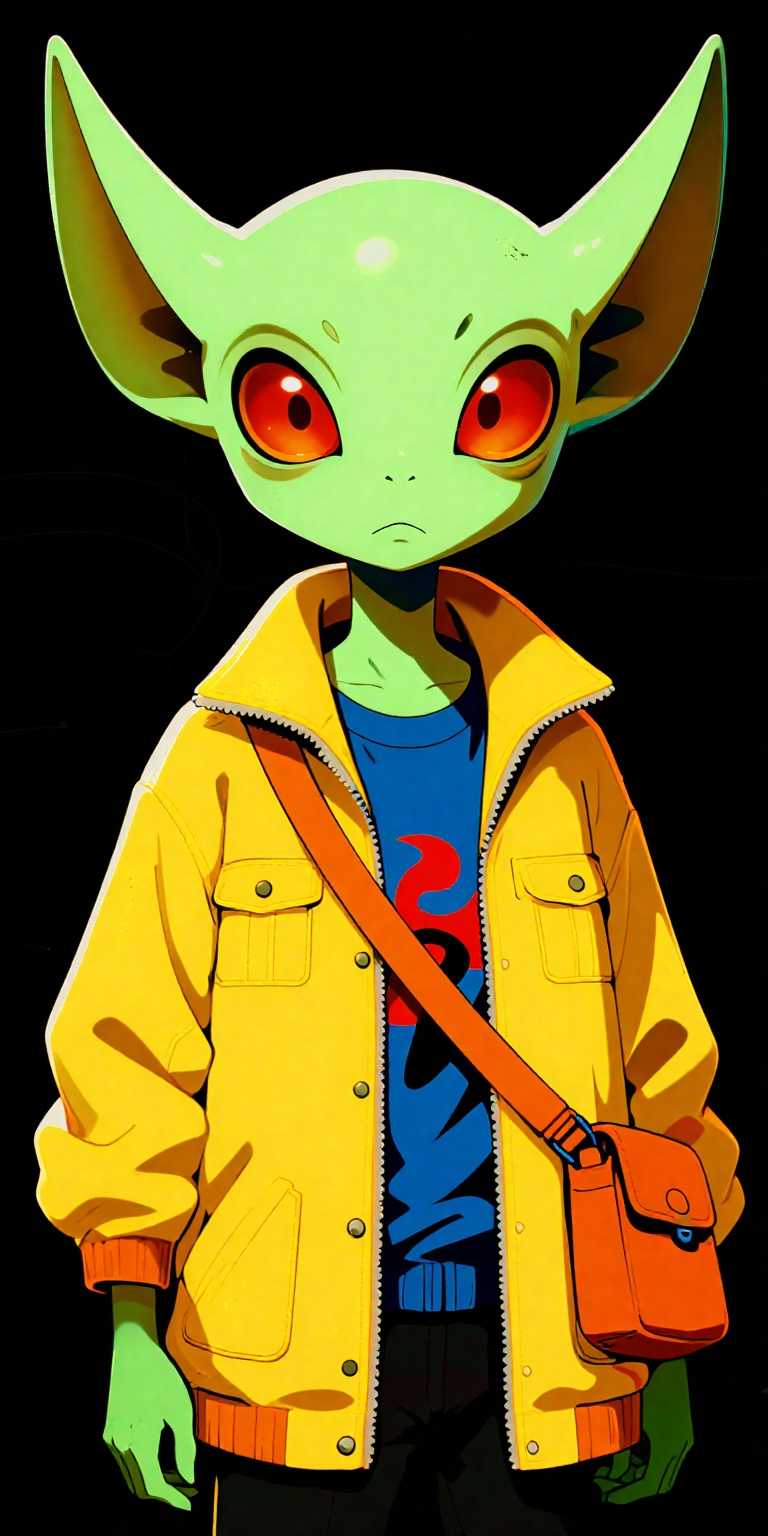 a digital drawing featuring an alien character with a stylized,  surrealistic appearance. The creature has a small,  green...