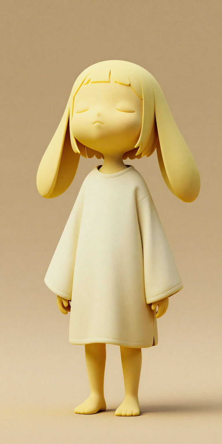 pastel color palette,  featuring a stylized,  childlike figure. The character stands against a plain on Tensor.Art