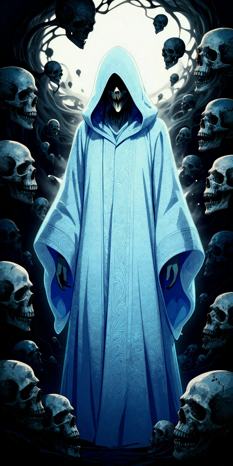 Create a digital illustration with a surreal,  dark,  and ominous aesthetic. The central figure is a ghostly on Tensor.Art