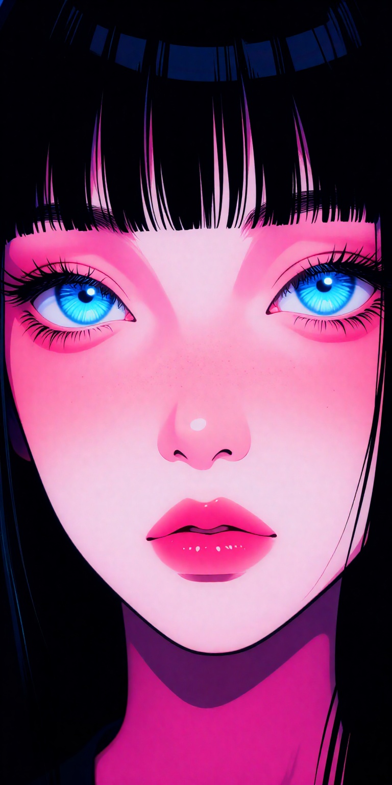 anime-inspired art style. The artwork focuses on a close-up portrait of a young woman's face. Her skin is a soft pink,  tr...