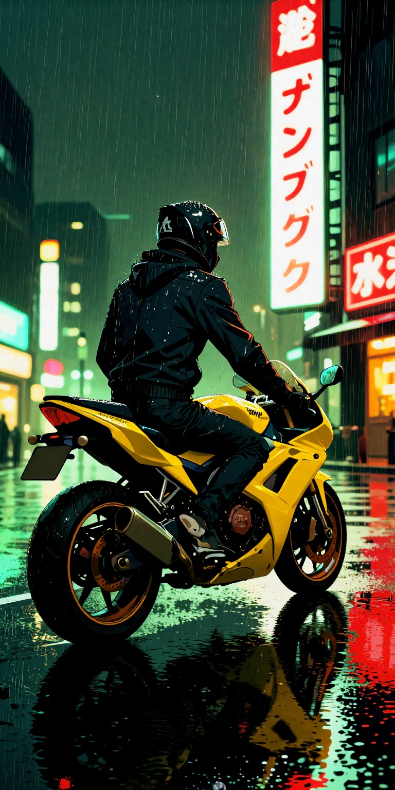 a highly stylized,  manga-inspired art style. It features a lone motorcycle rider viewed from behind,  positioned on a wet...