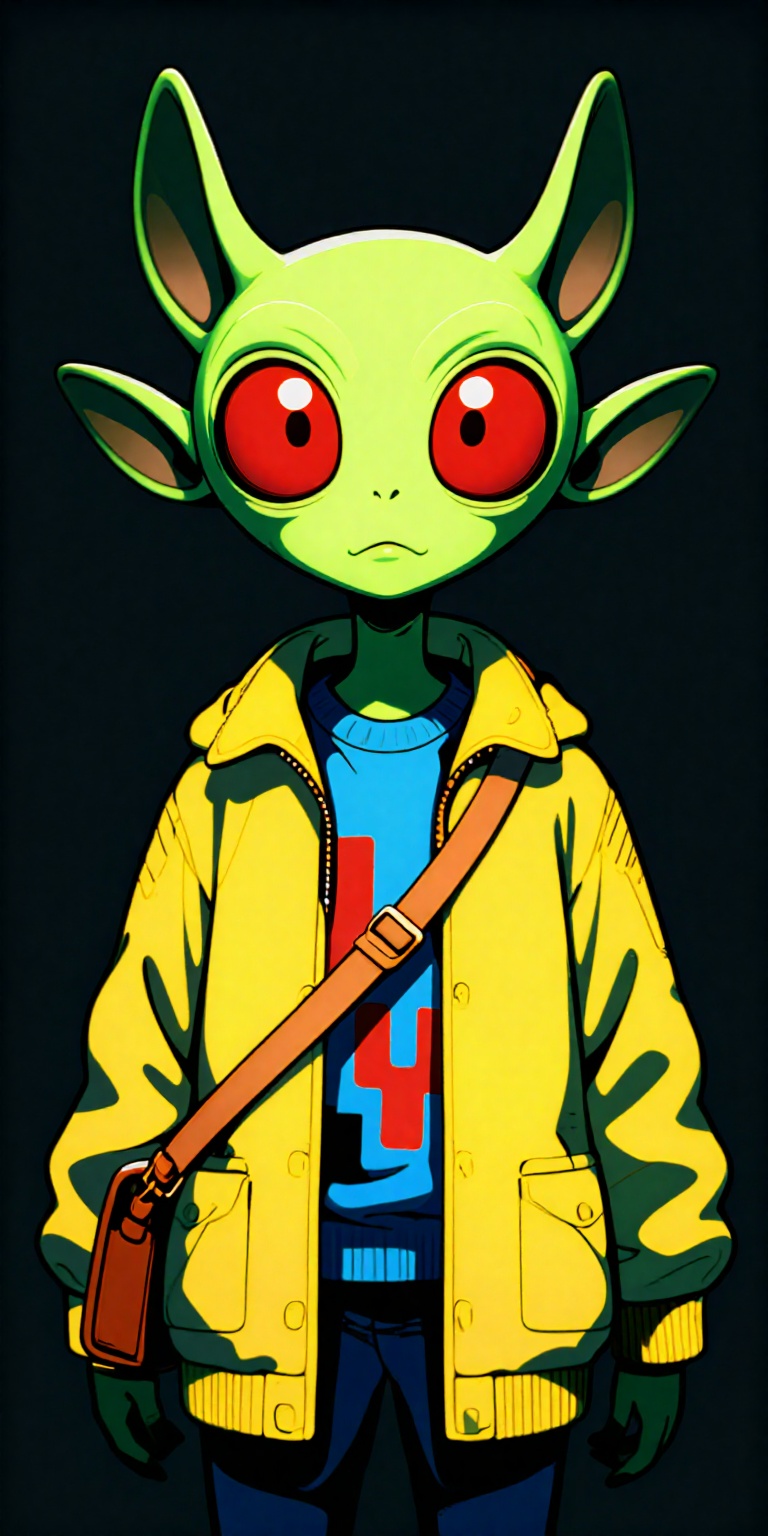a digital drawing featuring an alien character with a stylized,  surrealistic appearance. The creature has a small,  green...