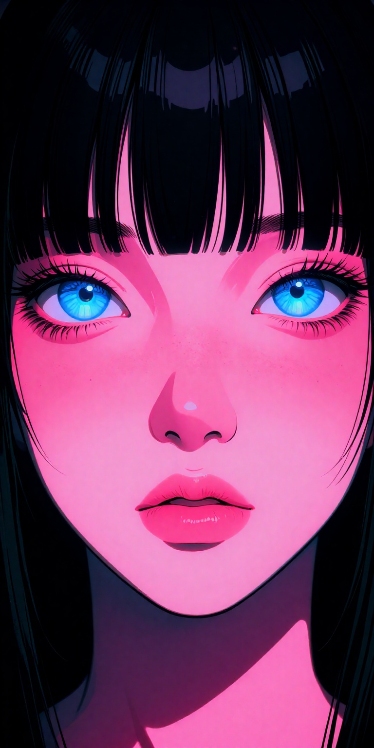 anime-inspired art style. The artwork focuses on a close-up portrait of a young woman's face. Her skin is a soft pink,  tr...