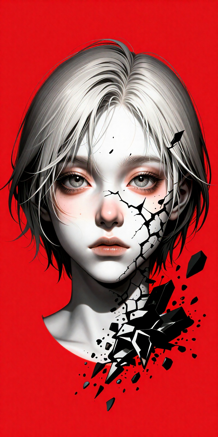 a highly stylized digital artwork featuring a composite face composed of multiple layers,  set against a bold red backgrou...