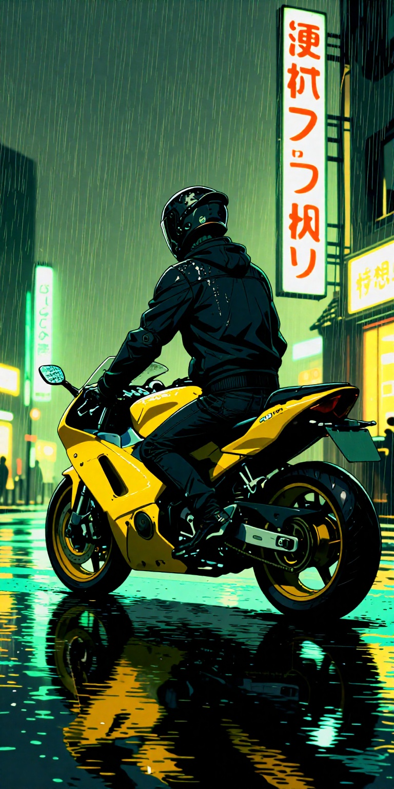 a highly stylized,  manga-inspired art style. It features a lone motorcycle rider viewed from behind,  positioned on a wet...