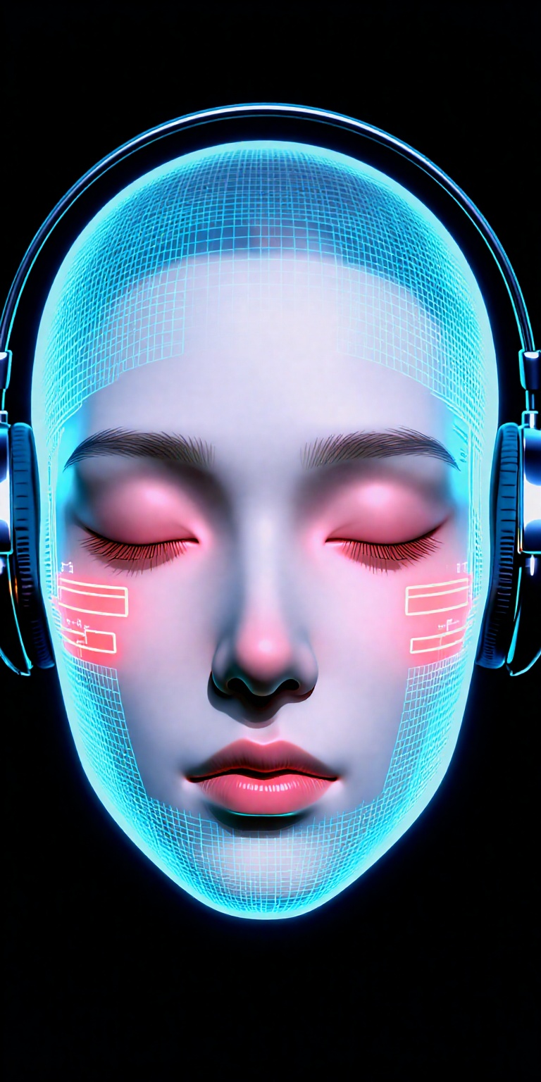 a hyper-realistic digital artwork featuring a stylized depiction of a human face. The subject is a person with a pale,  sm...