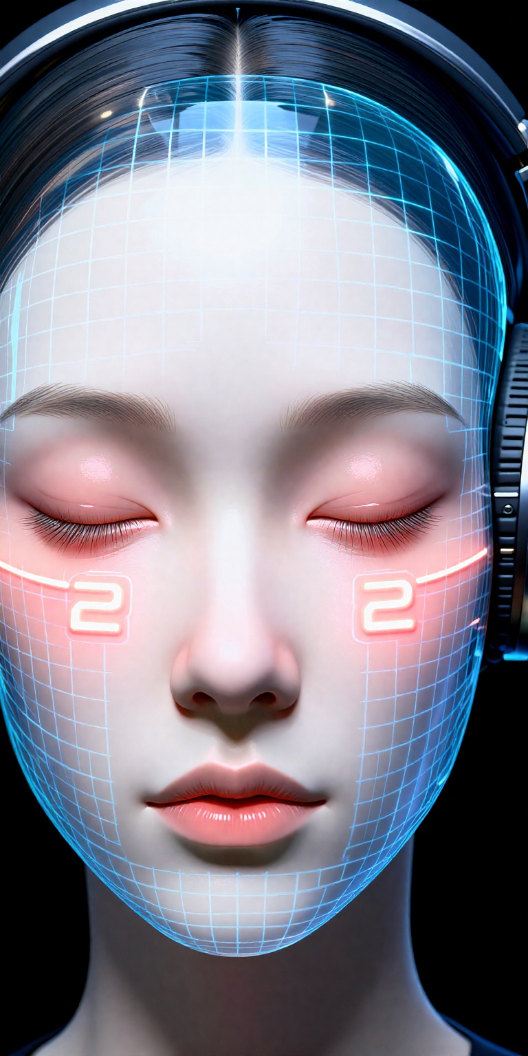 a hyper-realistic digital artwork featuring a stylized depiction of a human face. The subject is a person with a pale,  sm...