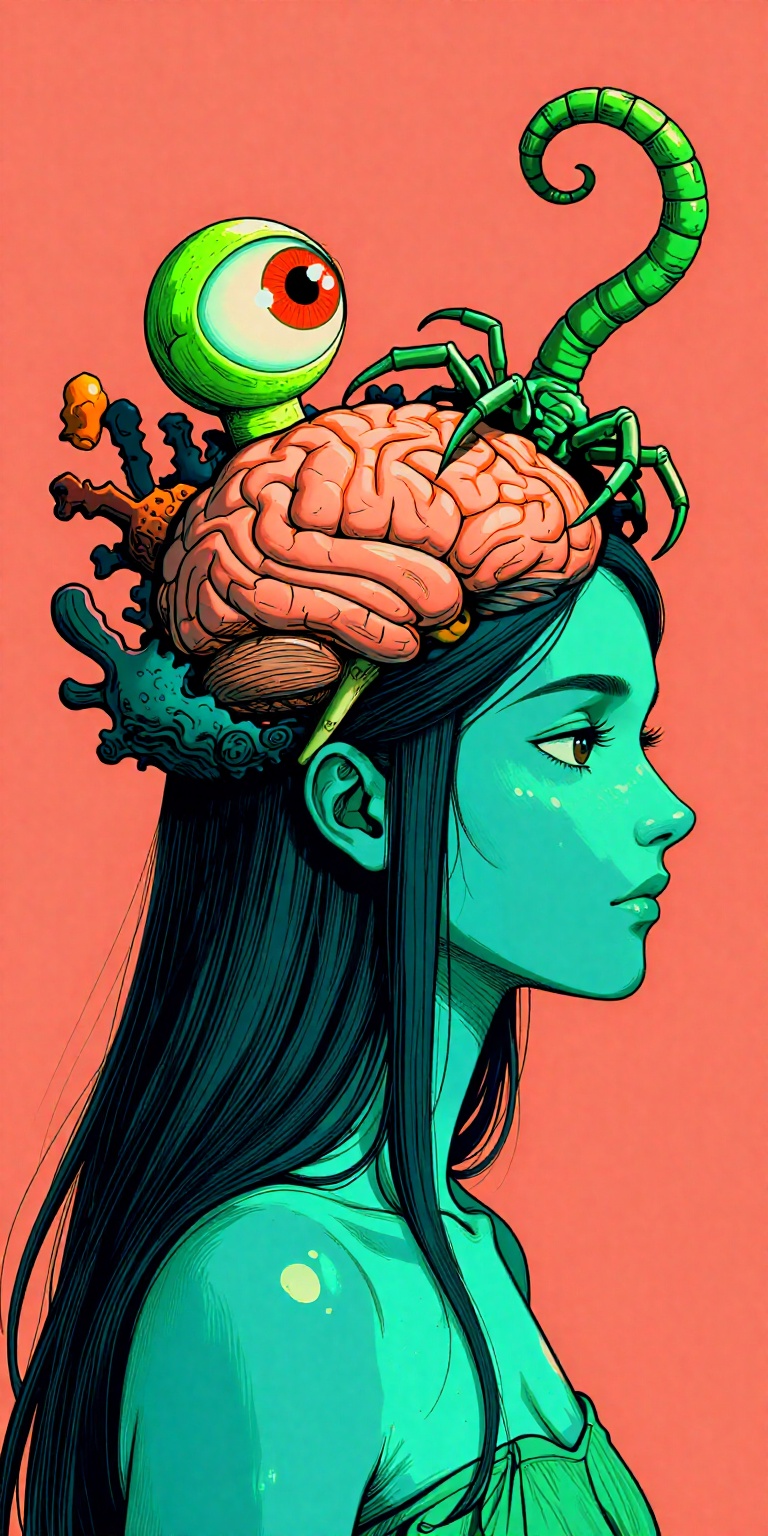 a digital drawing with a surreal,  fantastical style. It depicts a side profile view of a woman with long,  flowing dark h...