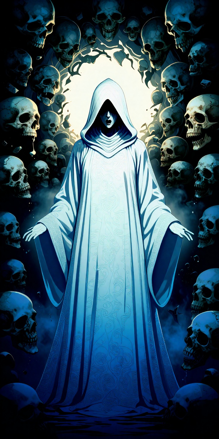 Create a digital illustration with a surreal,  dark,  and ominous aesthetic. The central figure is a ghostly on Tensor.Art