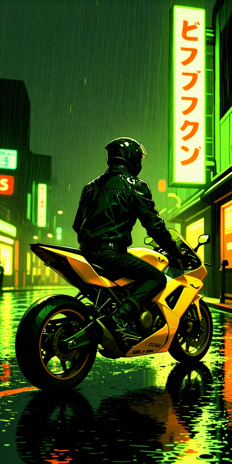 a highly stylized,  manga-inspired art style. It features a lone motorcycle rider viewed from behind,  positioned on a wet...