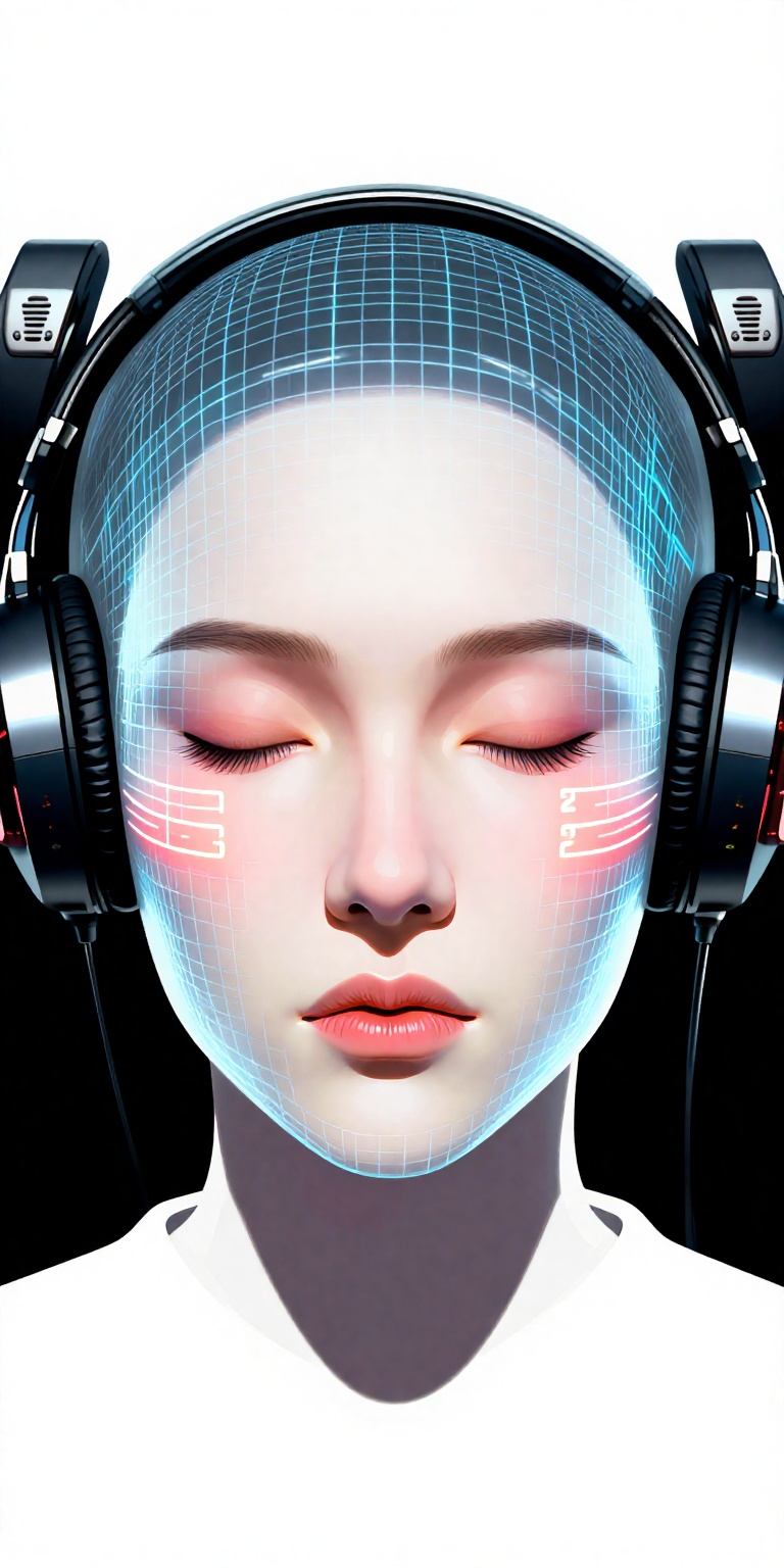 a hyper-realistic digital artwork featuring a stylized depiction of a human face. The subject is a person with a pale,  sm...