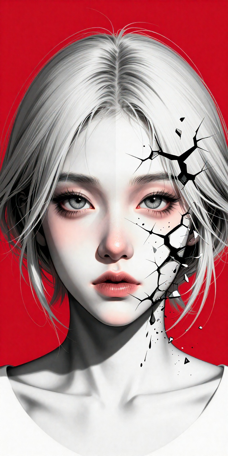 a highly stylized digital artwork featuring a composite face composed of multiple layers,  set against a bold red backgrou...