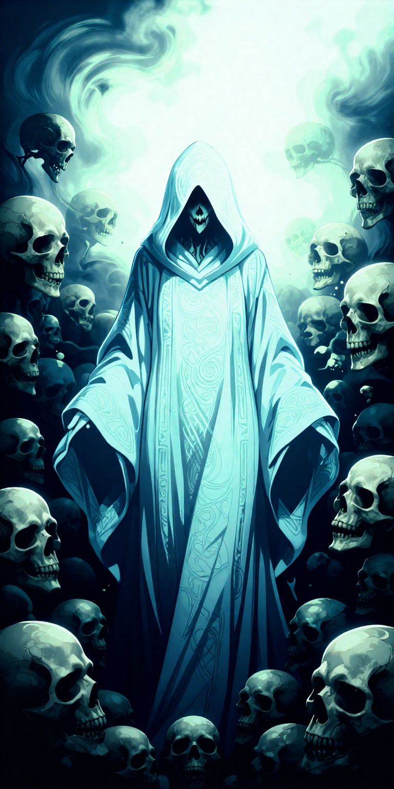 Create a digital illustration with a surreal,  dark,  and ominous aesthetic. The central figure is a ghostly on Tensor.Art