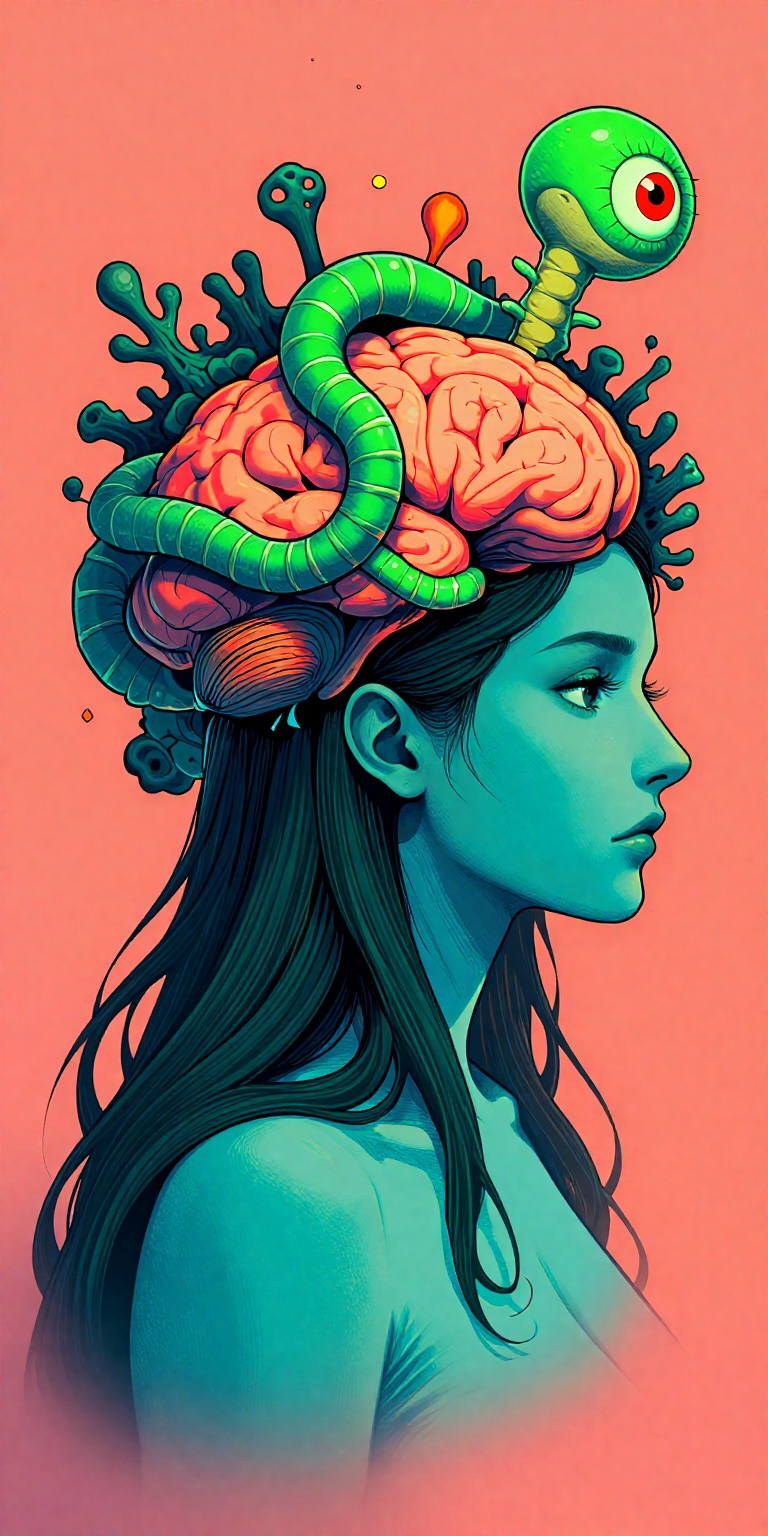a digital drawing with a surreal,  fantastical style. It depicts a side profile view of a woman with long,  flowing dark h...