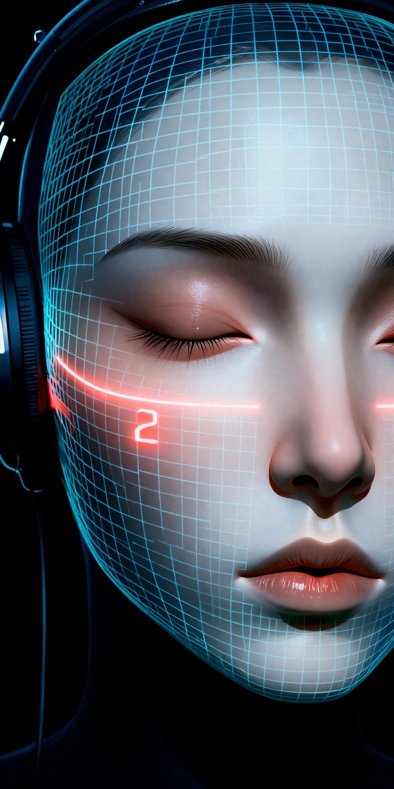 a hyper-realistic digital artwork featuring a stylized depiction of a human face. The subject is a person with a pale,  sm...