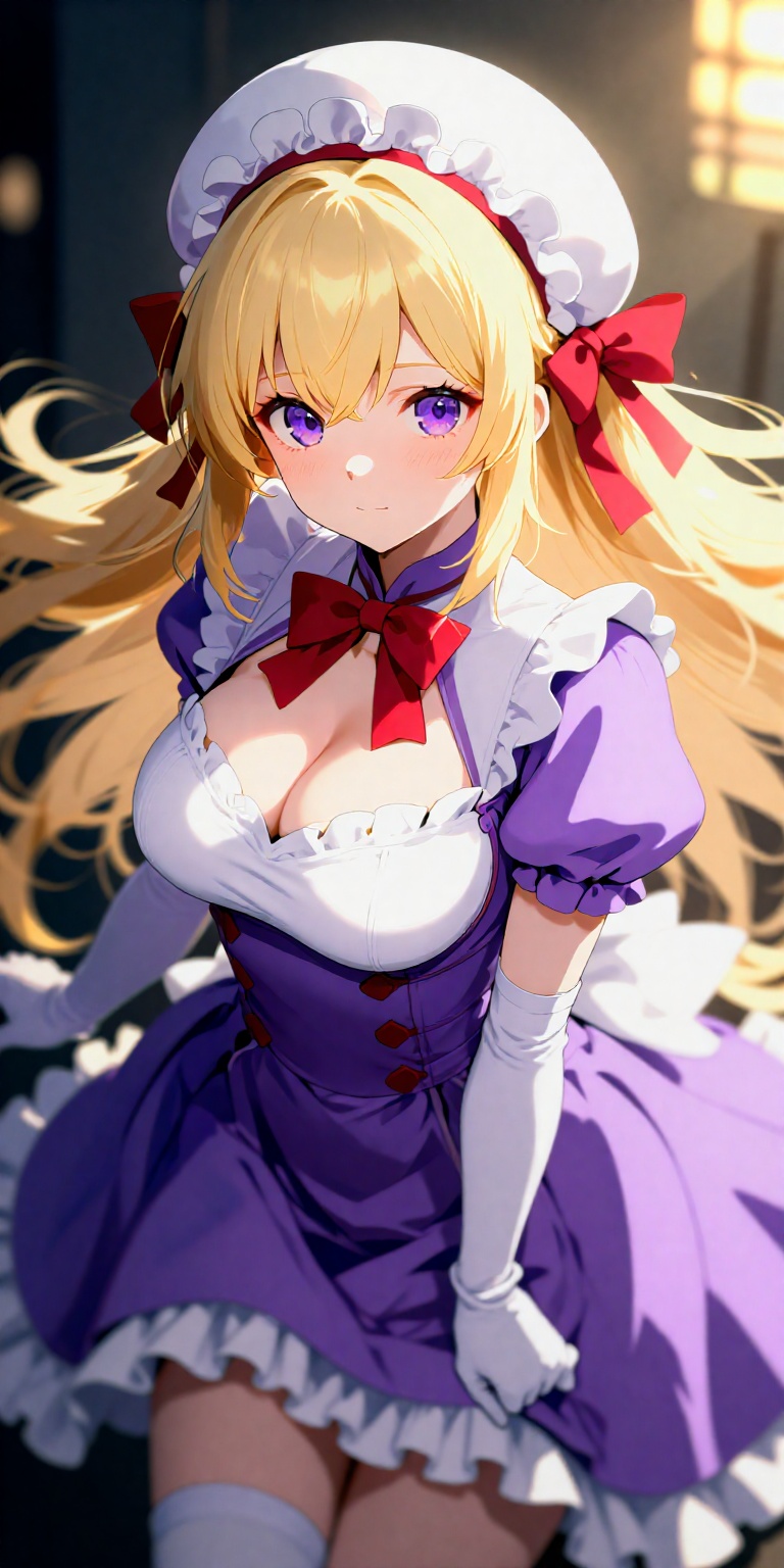 cleavage,  white headwear,  purple dress on Tensor.Art