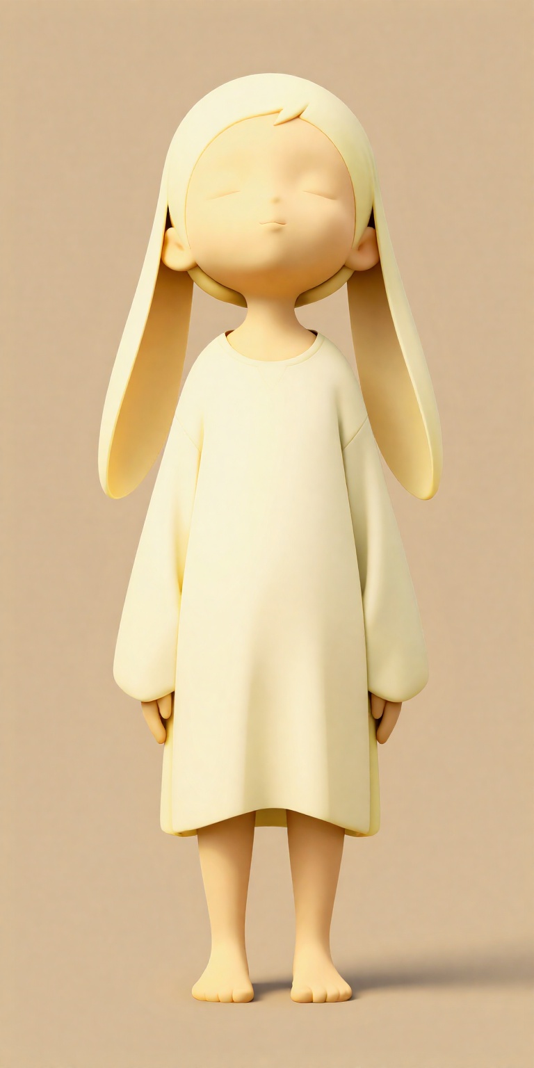 pastel color palette,  featuring a stylized,  childlike figure. The character stands against a plain on Tensor.Art